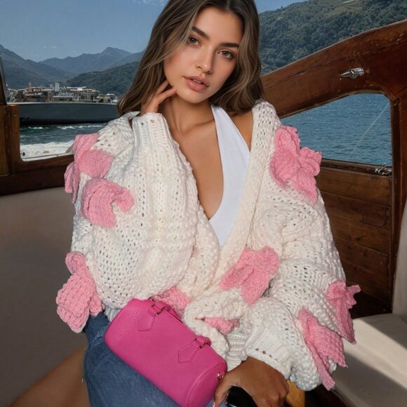 Shabby Chic Cute Women's bow detailed Soft Chunky Knit open front Cardigan - Picture 7 of 10